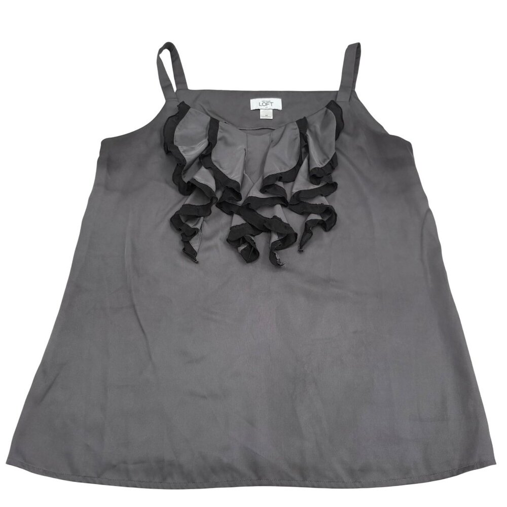 Ann Taylor LOFT Women's size Med Gray Black Satin Sleeveless Top Blouse‎ Ruffled